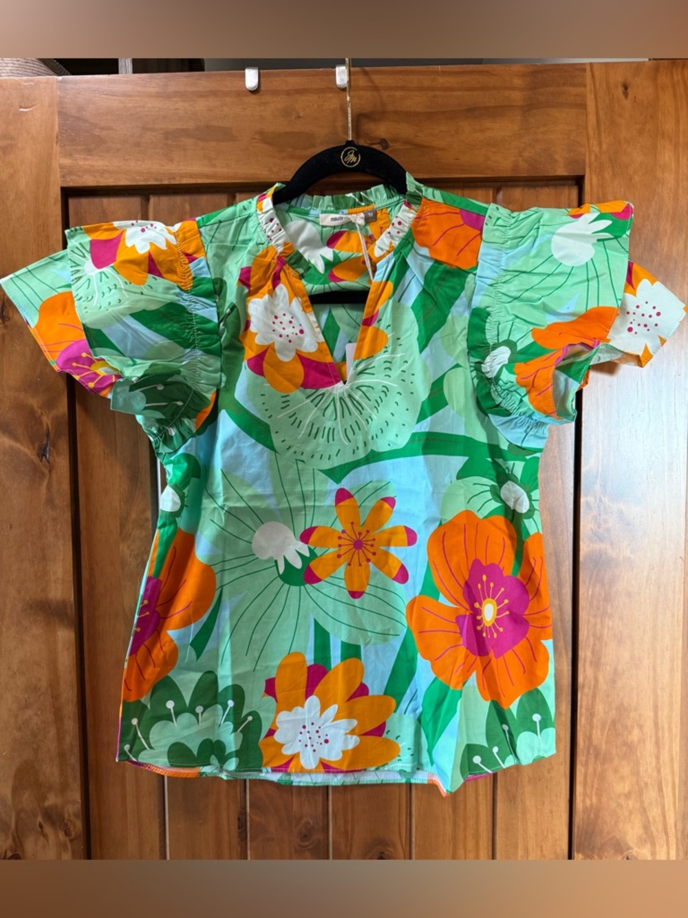 Floral Ruffle Sleeve Short-Sleeve Top - Green Multi
